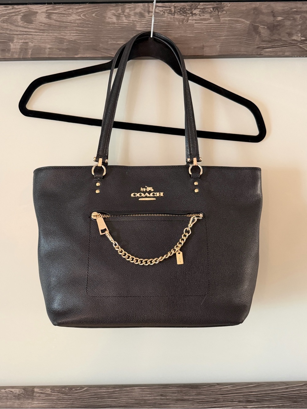 Coach Black Leather Tote with Gold Chain Accent